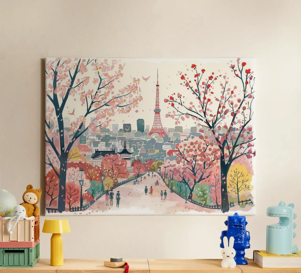 Tokio, Japan, Kersenbloesem, Sakura, Landschap Reiskunst canvas met Baklijst van Peaches Art Prints