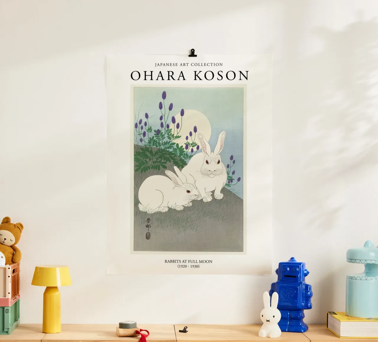 Ohara Koson Conigli giapponesi d'epoca con la luna piena poster da Peaches Art Prints