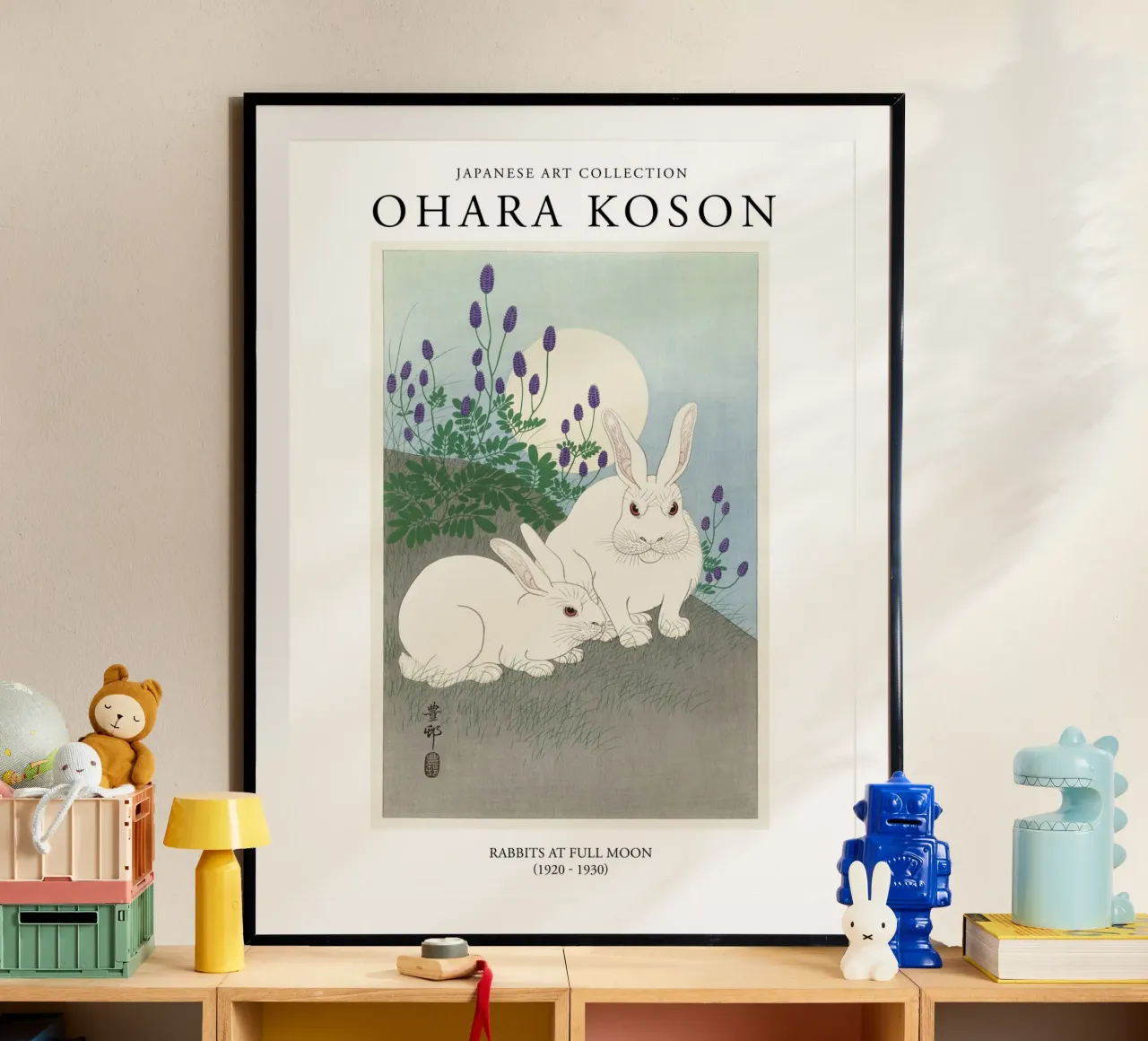 Ohara Koson Conigli giapponesi d'epoca con la luna piena poster da Peaches Art Prints