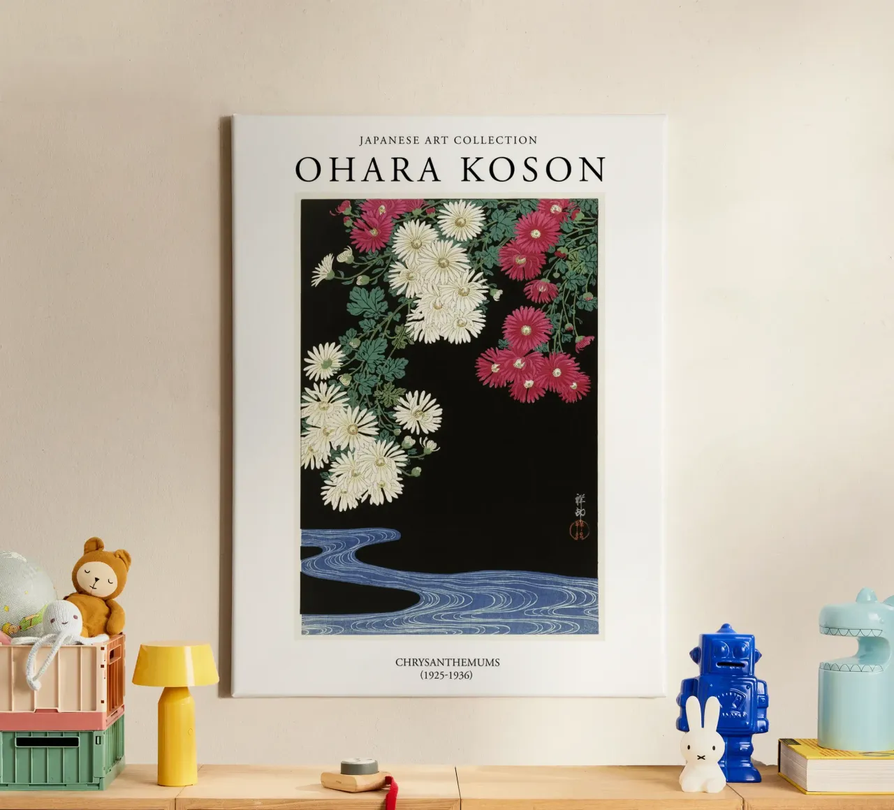 Ohara Koson Fiori di crisantemi giapponesi d'epoca tela con Cornice a cassetta da Peaches Art Prints