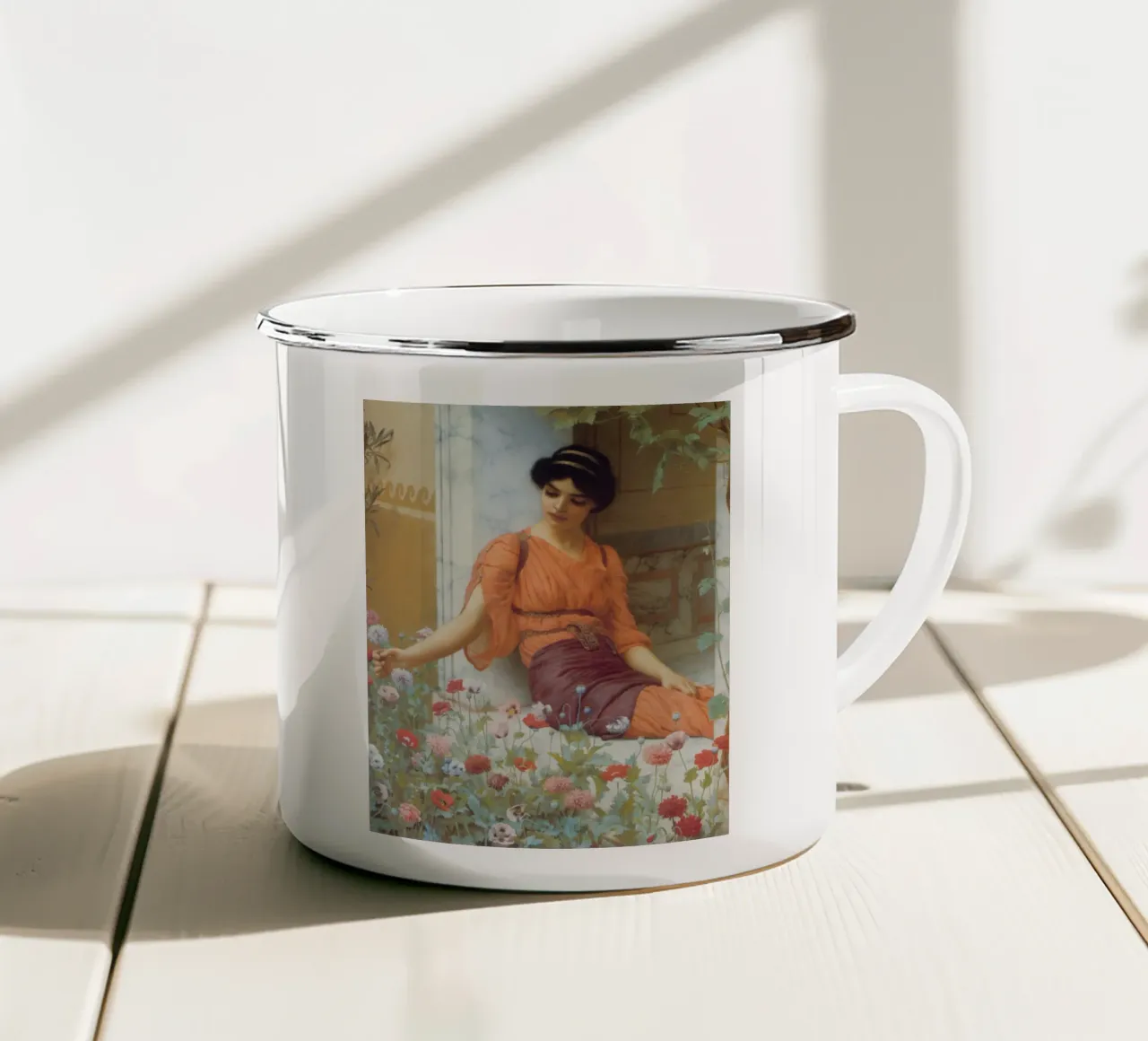 John William Godward - Fiori d'estate tazza in smalto da Timeless Artworks