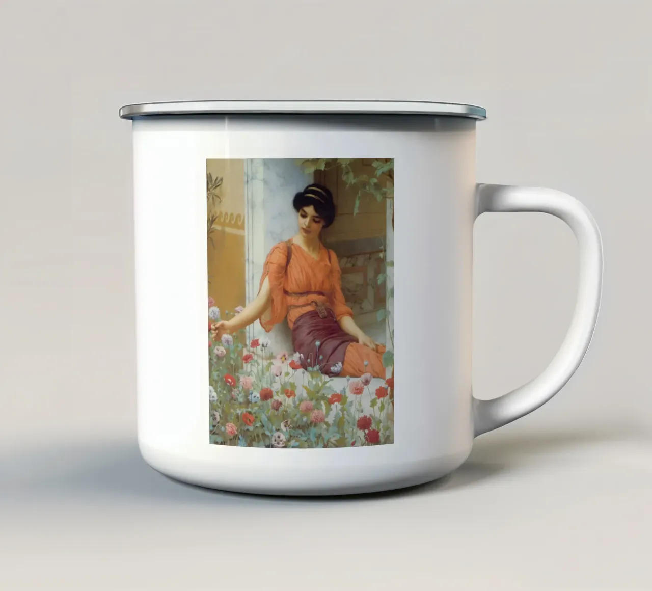 John William Godward - Fiori d'estate tazza in smalto da Timeless Artworks