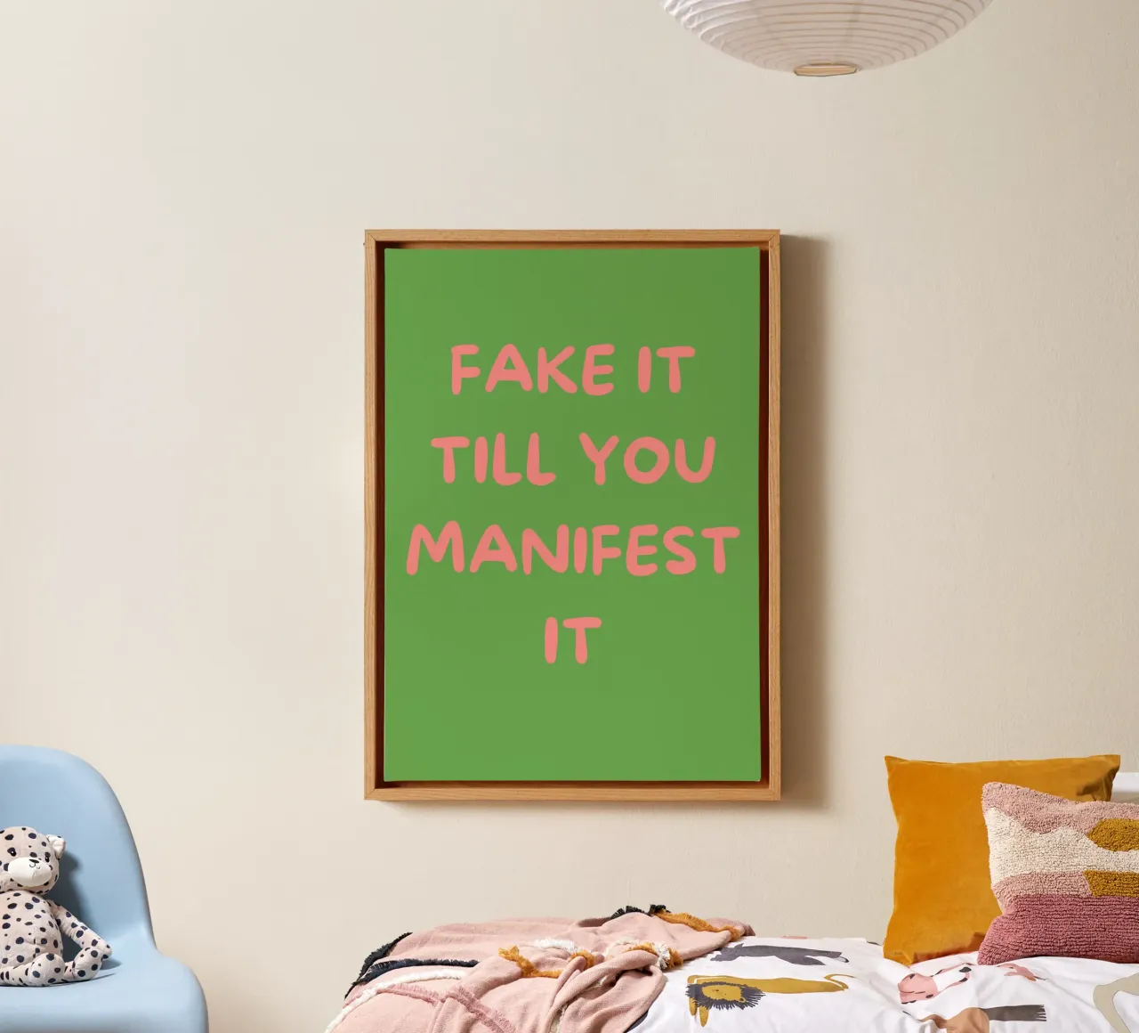 Fake It Till You Manifest It | Green & Pink Typography Art P tela da PrintCessStudio