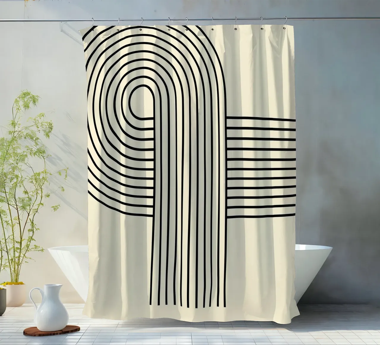 Bauhaus Curve Pattern | Black & White Abstract Print douchegordijn van PrintCessStudio