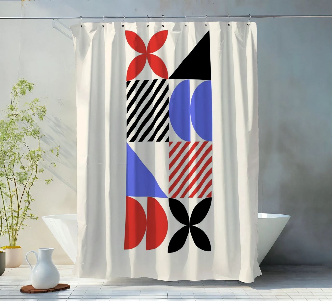 Bauhaus Shapes | Blue, Red & Black Abstract Art Print cortina de baño de PrintCessStudio