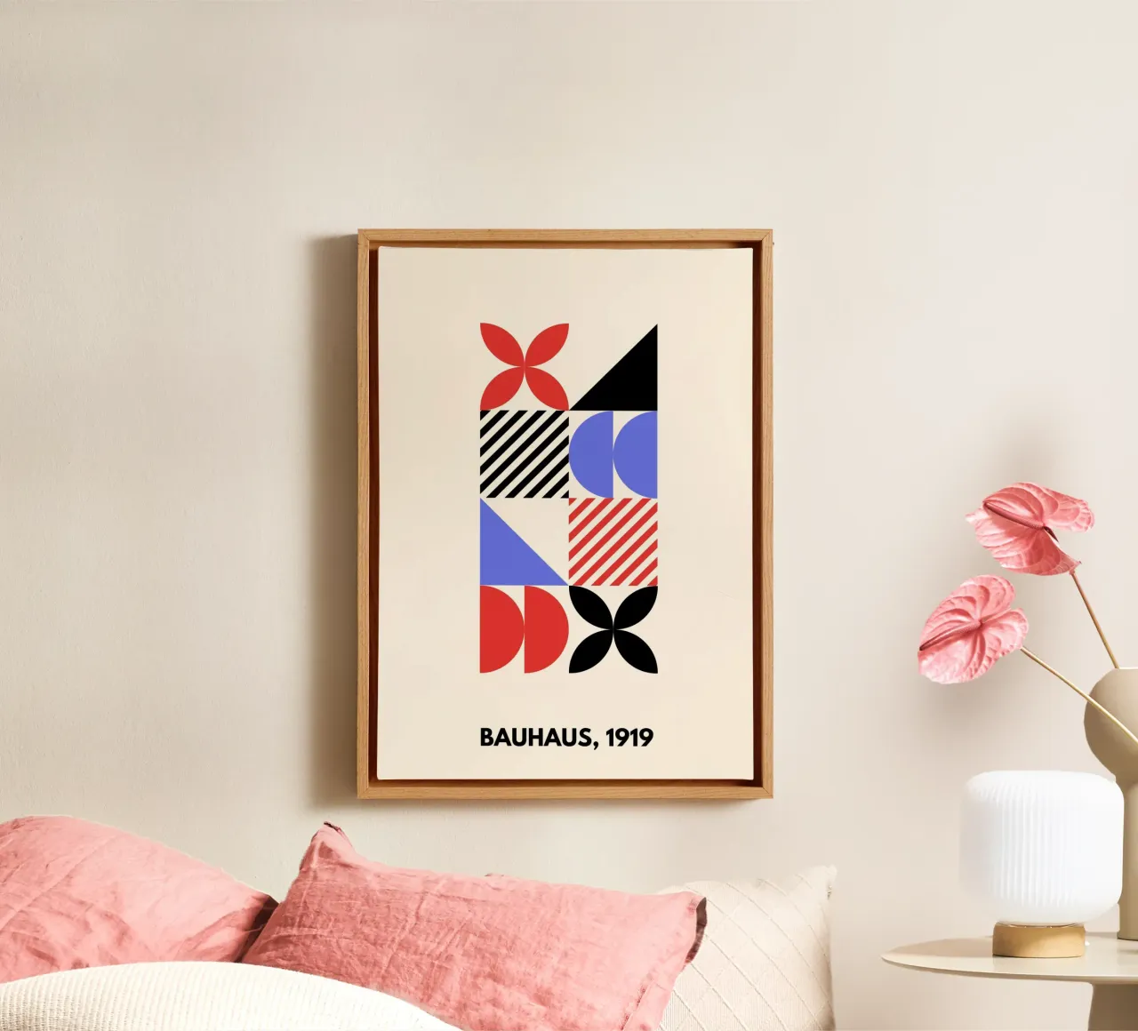 Bauhaus Shapes | Blue, Red & Black Abstract Art Print canvas with Floater frame by PrintCessStudio