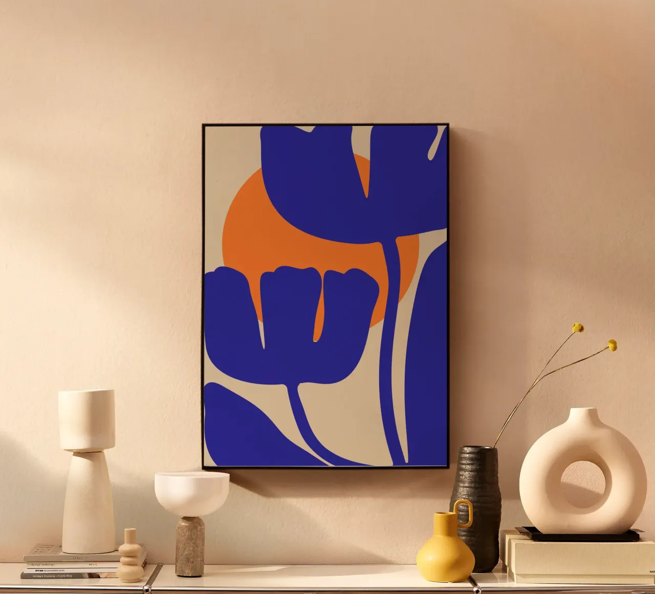 Blue Blossom | Floral & Botanical Art Print with Orange Sun alluminio dibond da PrintCessStudio