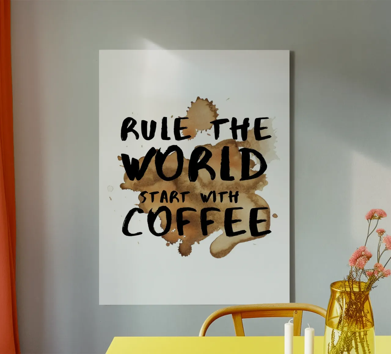 DIE WELT ZU BEHERRSCHEN, FÄNGT MIT KAFFEE AN Leinwand mit Schattenfugenrahmen von ArtDesign by KBK