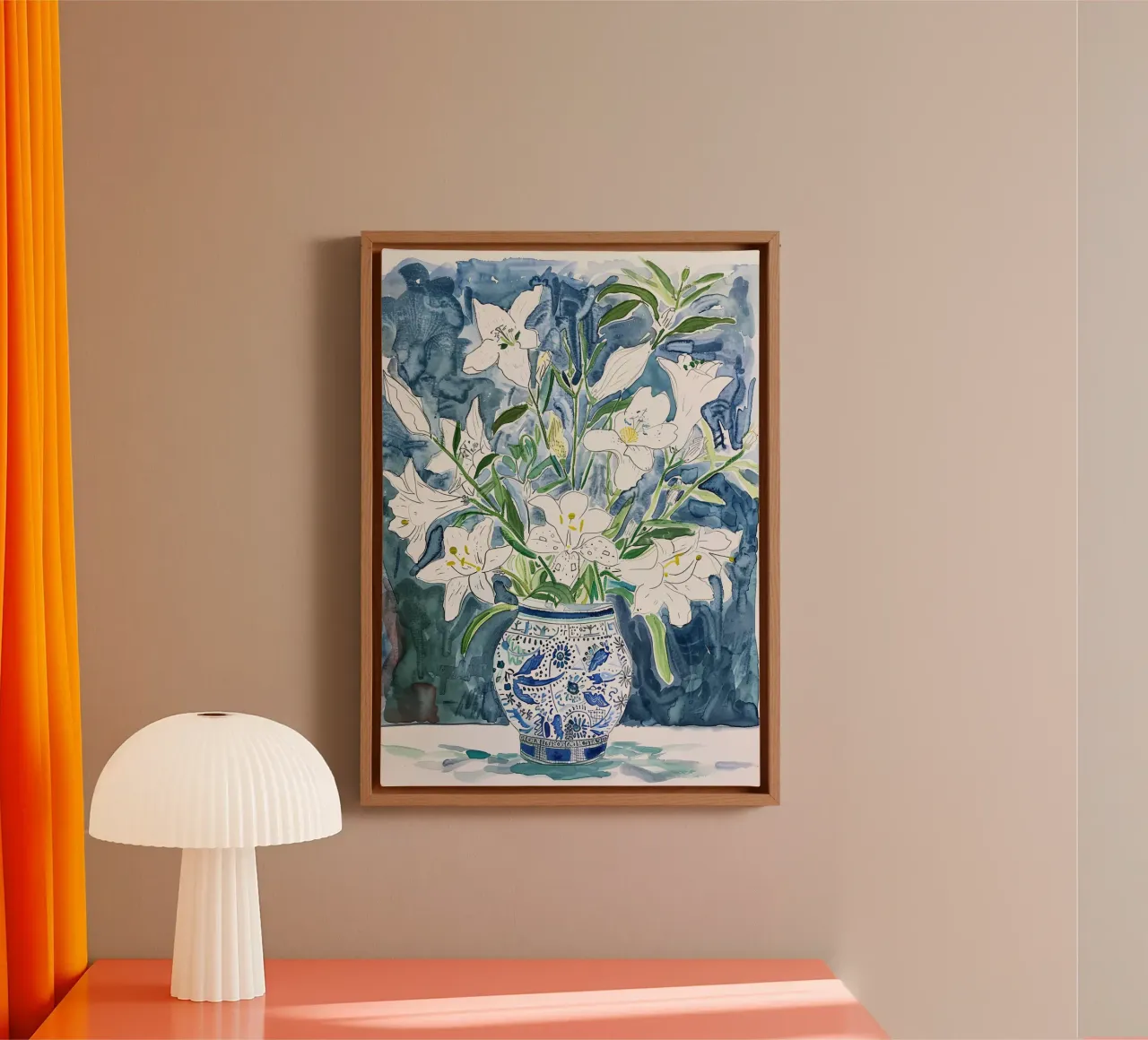 Abstraktes Blumenposter, moderne blaue Wandkunst, Blumendrucke Leinwand mit Schattenfugenrahmen von ArtHaus