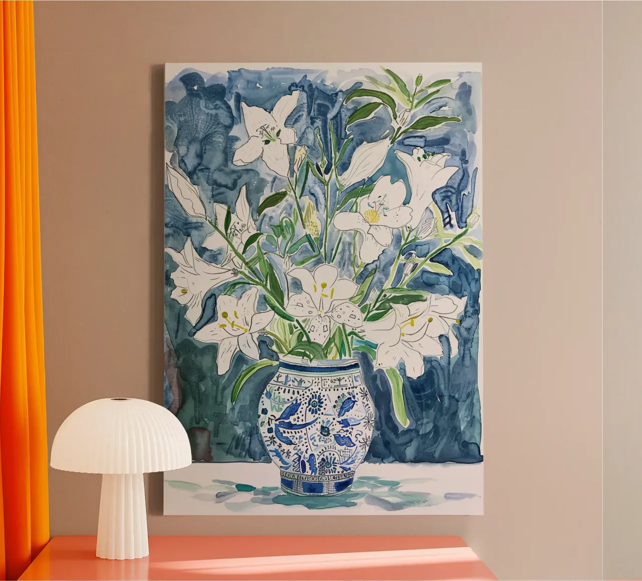 Abstraktes Blumenposter, moderne blaue Wandkunst, Blumendrucke Leinwand mit Schattenfugenrahmen von ArtHaus