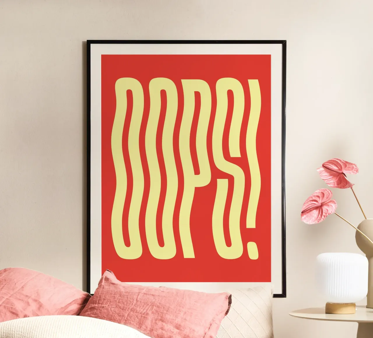 Oops wavy text (Bright Red Tone) poster with plastic frame by Paigaam Studio