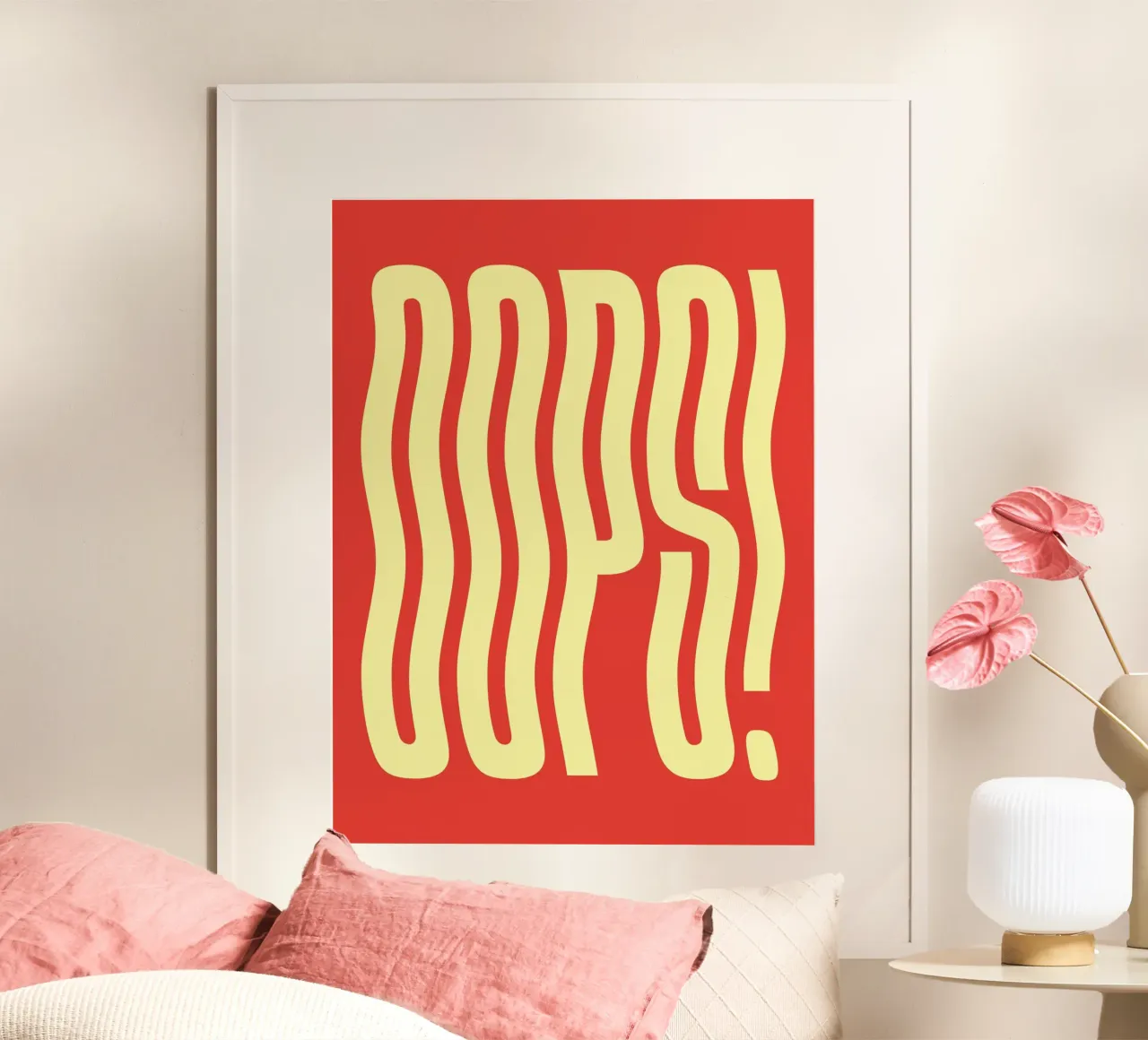 Oops wavy text (Bright Red Tone) poster with plastic frame by Paigaam Studio