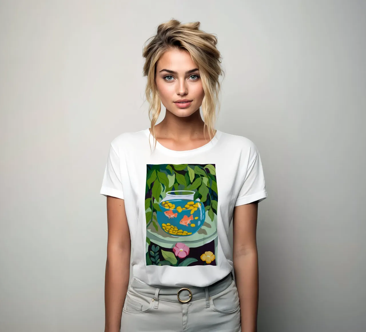 Fishbowl Scene women's fitted t-shirt by Artie Shifa
