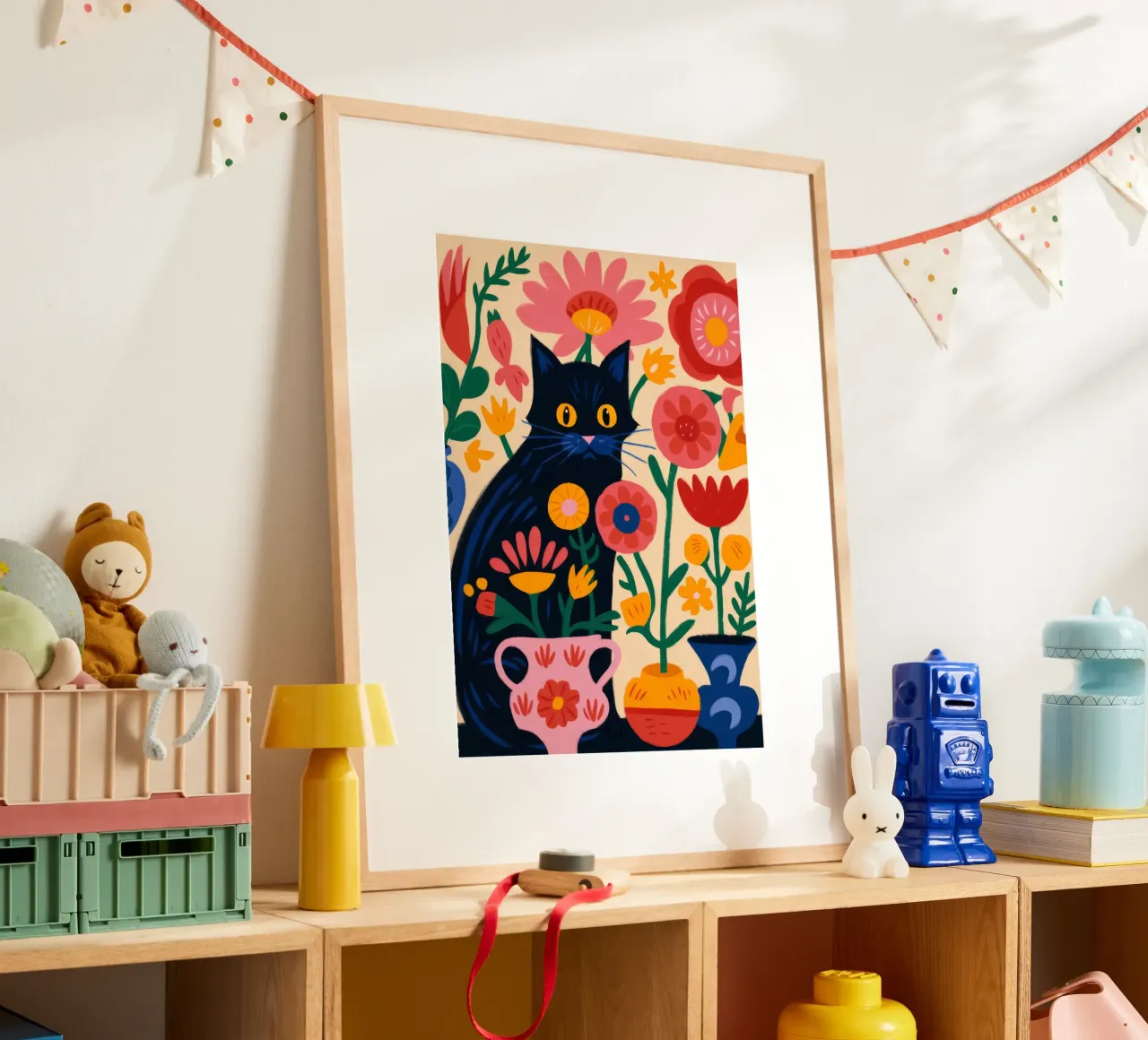 Felino floreale poster con telaio in plastica da Artie Shifa