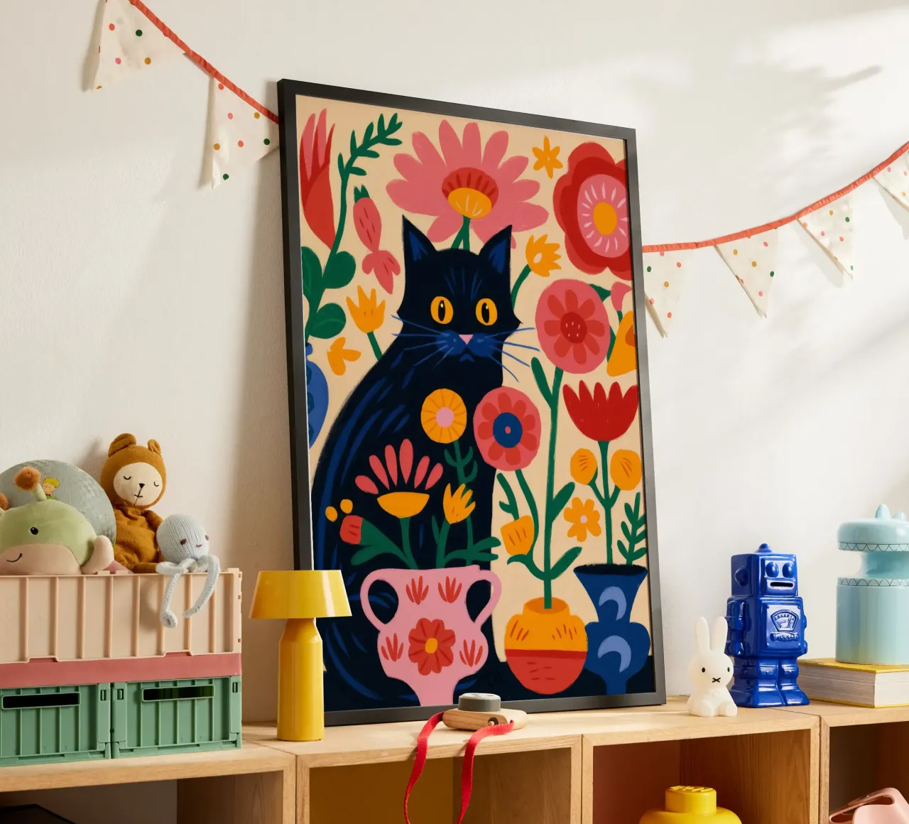 Felino floreale poster con telaio in plastica da Artie Shifa