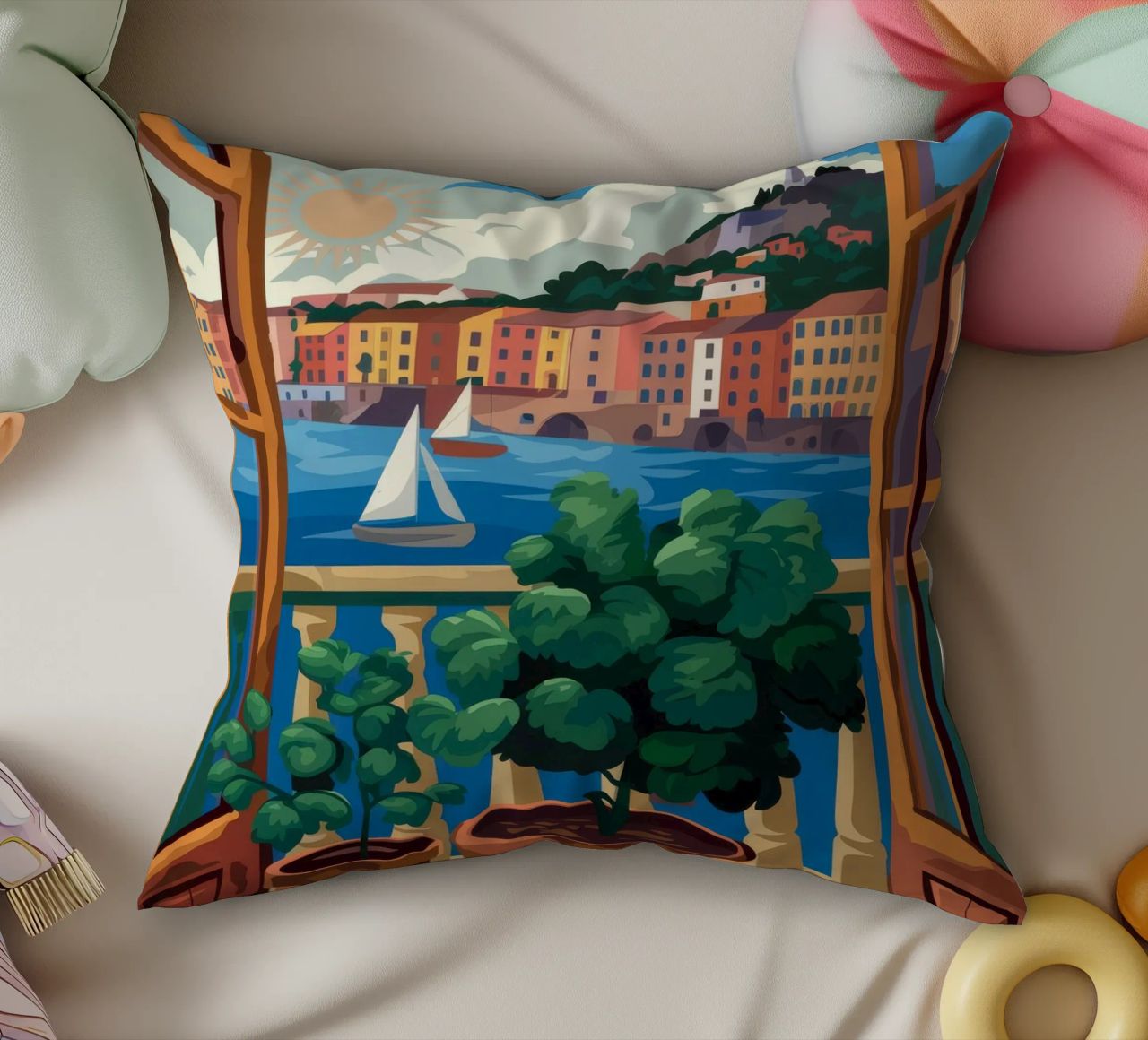 Vue sur le port coussin de Artie Shifa
