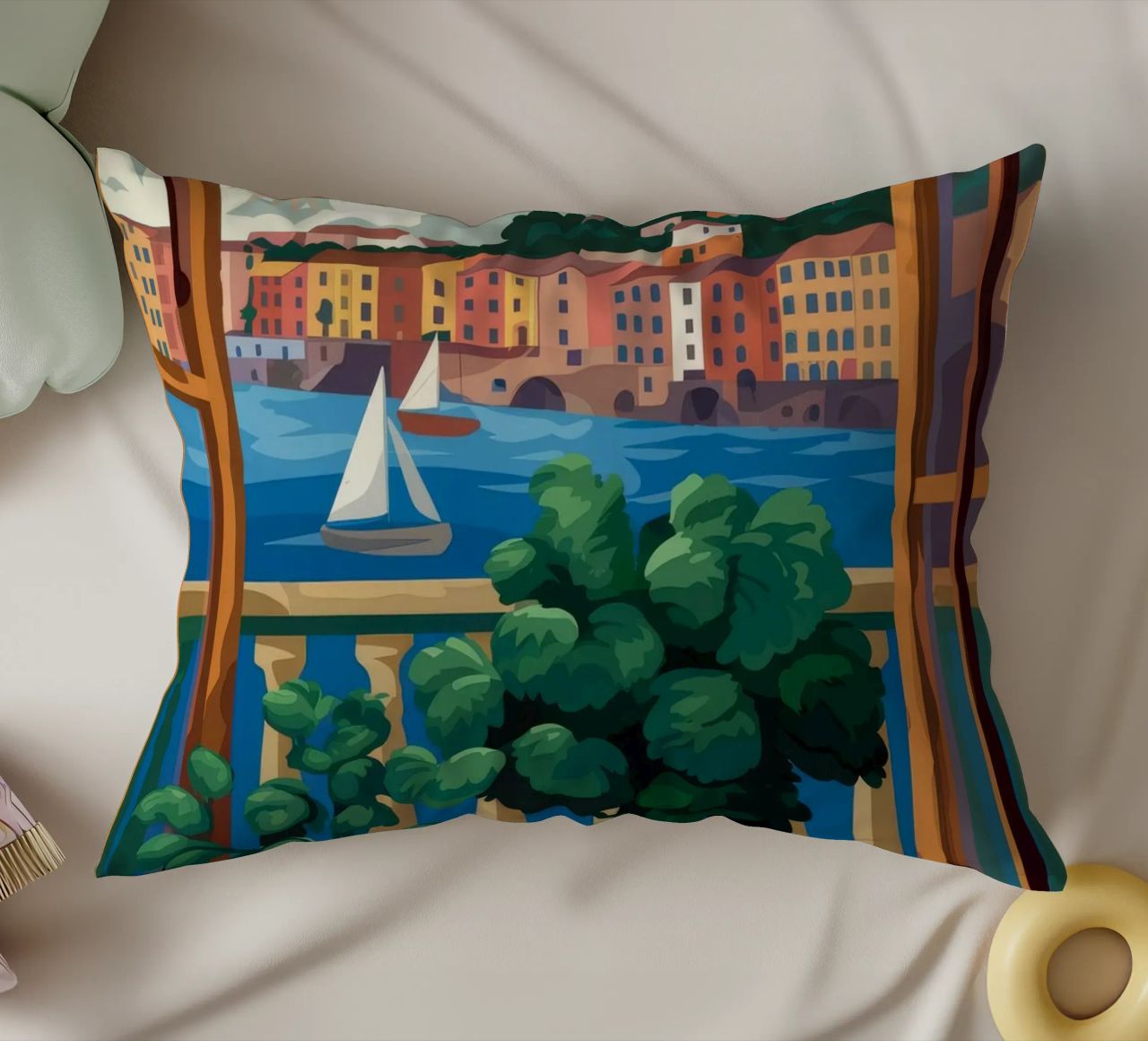 Vue sur le port coussin de Artie Shifa