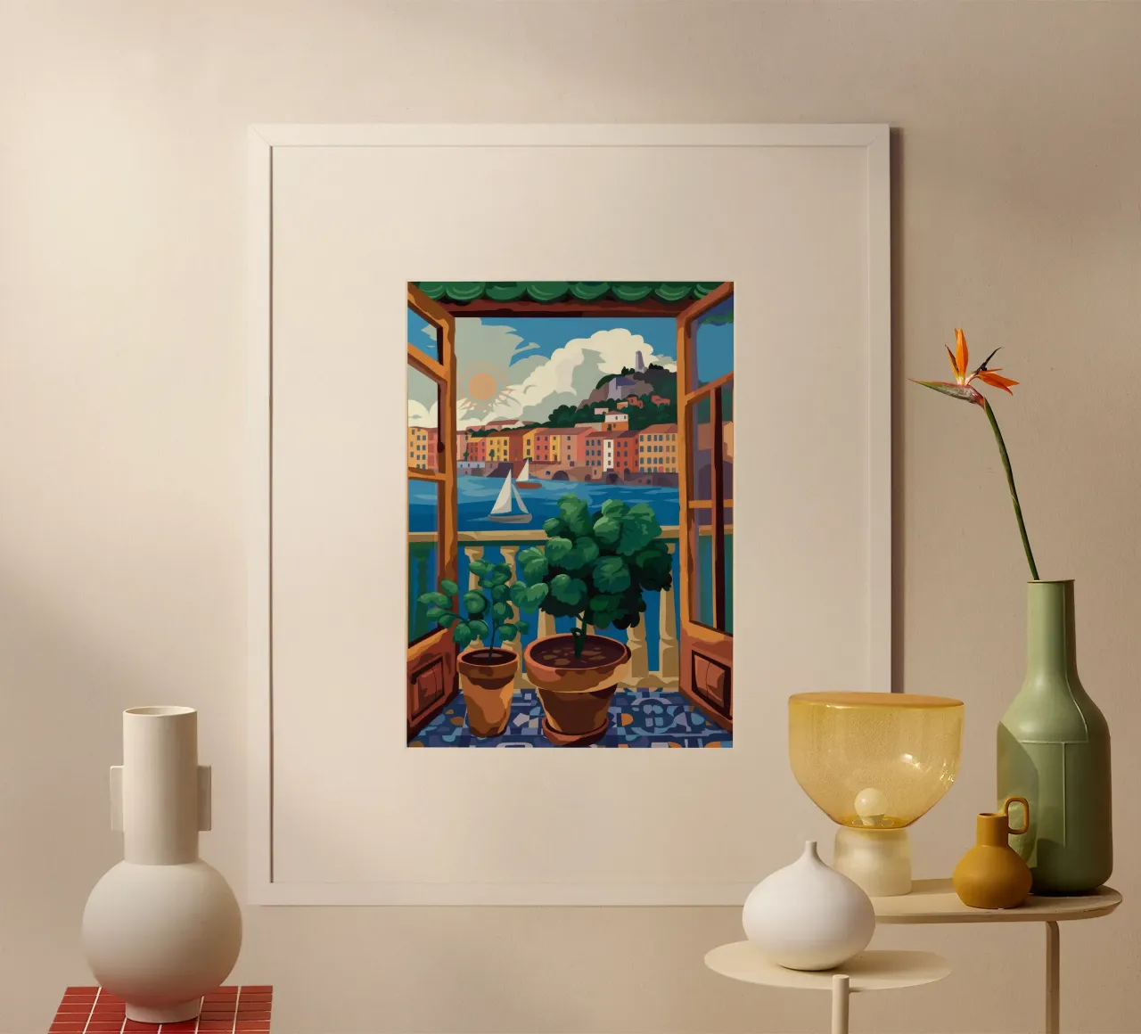 Vue sur le port poster avec cadre en plastique de Artie Shifa