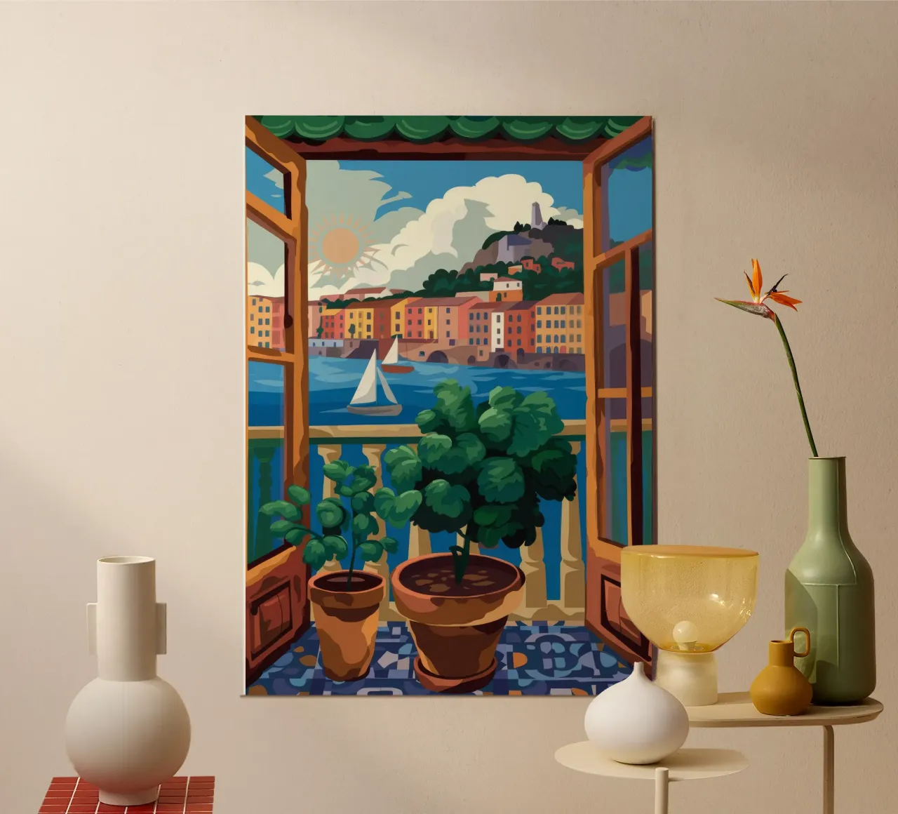 Vue sur le port poster avec cadre en plastique de Artie Shifa