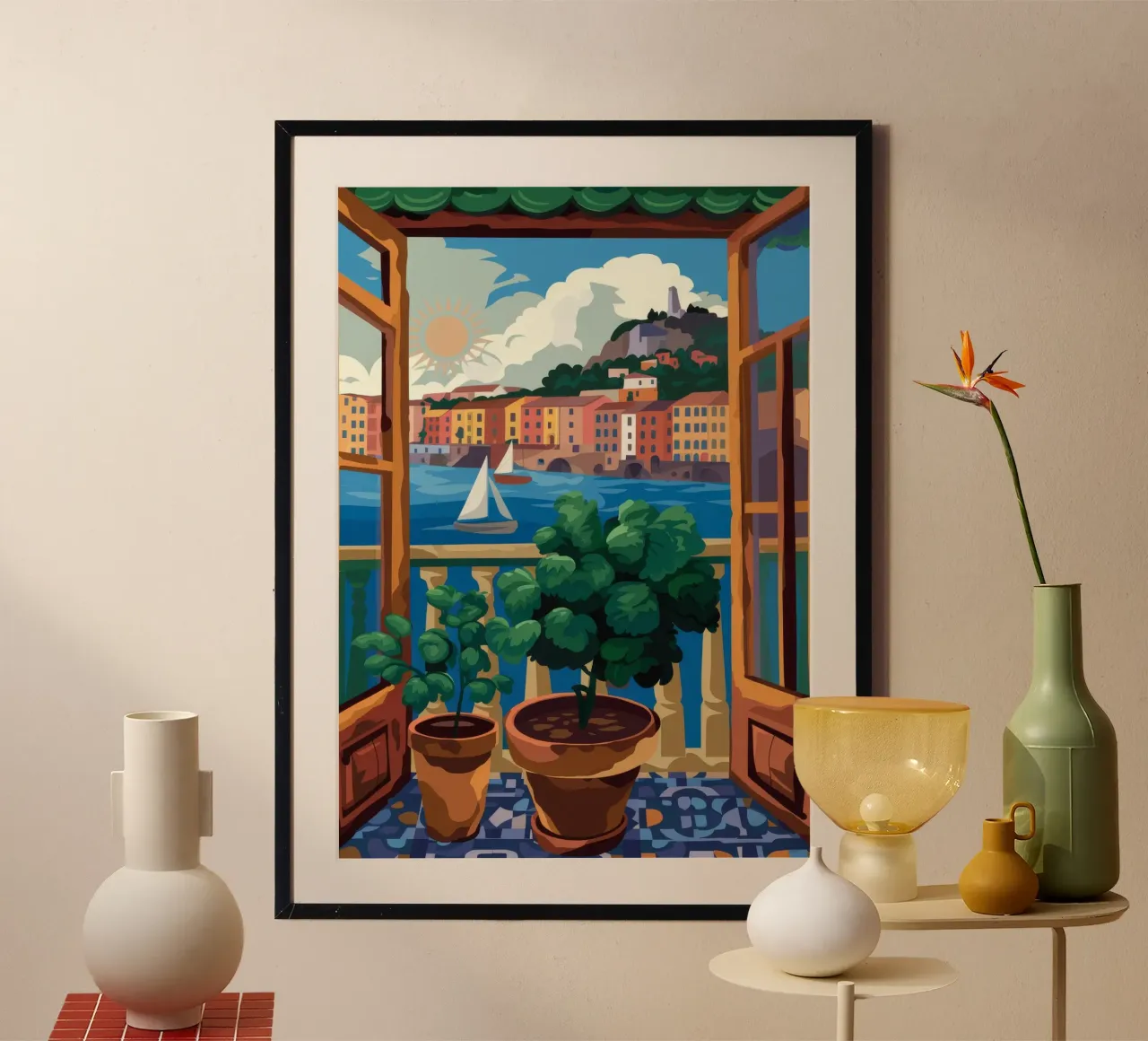 Vue sur le port poster avec cadre en plastique de Artie Shifa