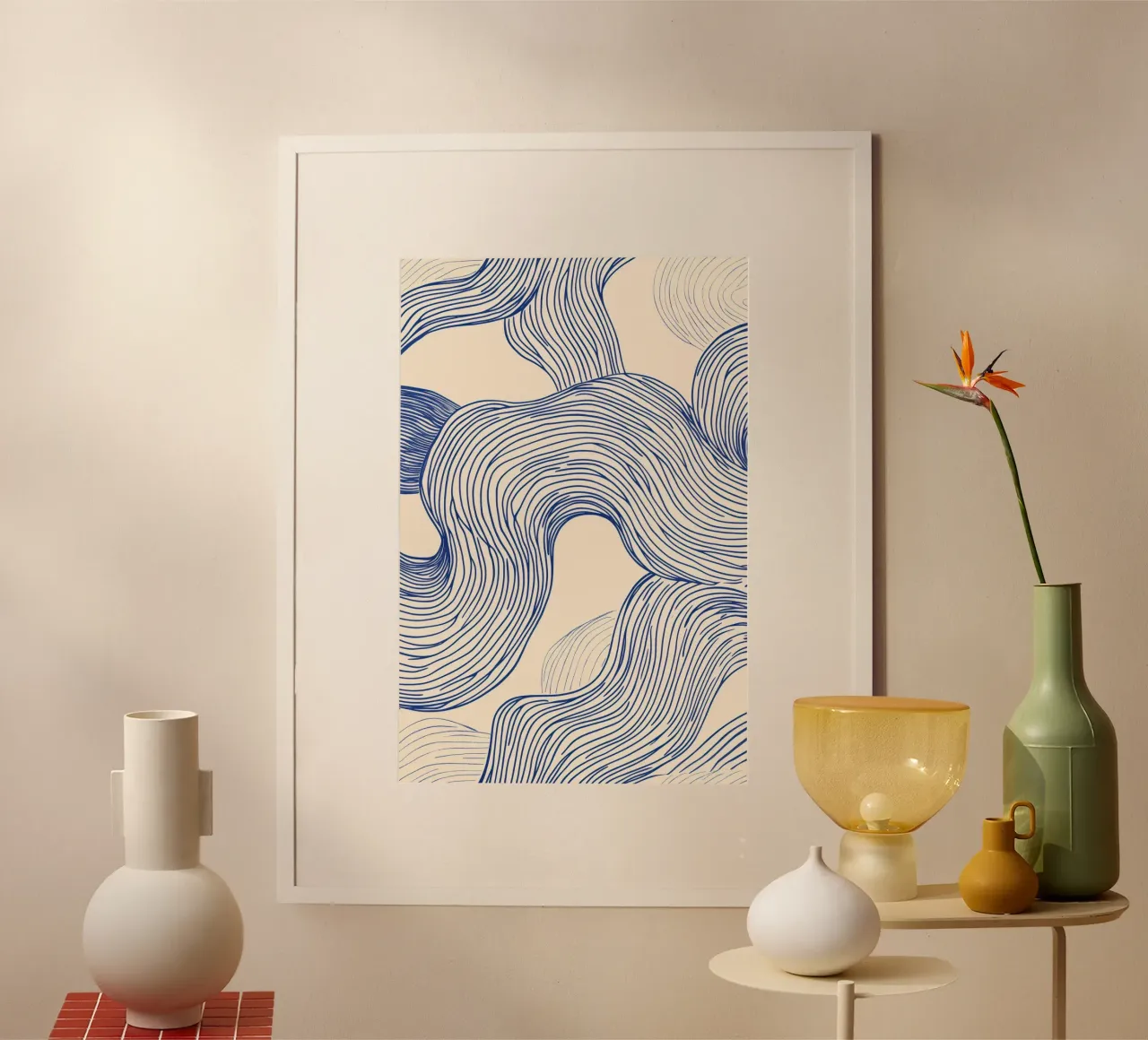 Abstrakte blaue Linie Kunst Poster mit Holzrahmen von Melloi Art Print