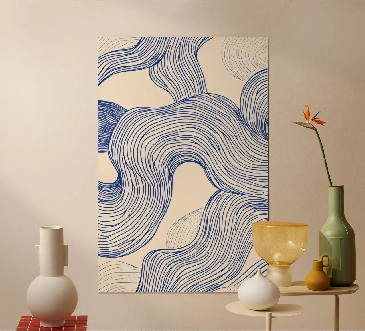 Abstrakte blaue Linie Kunst Poster mit Holzrahmen von Melloi Art Print