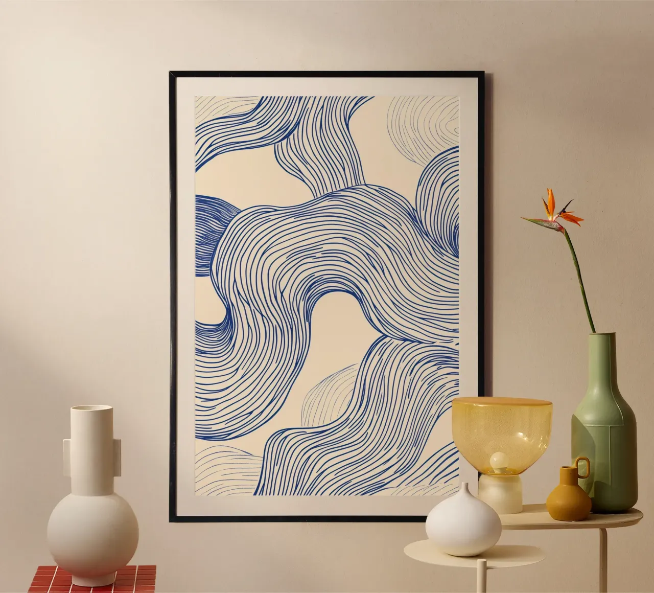 Abstrakte blaue Linie Kunst Poster mit Holzrahmen von Melloi Art Print