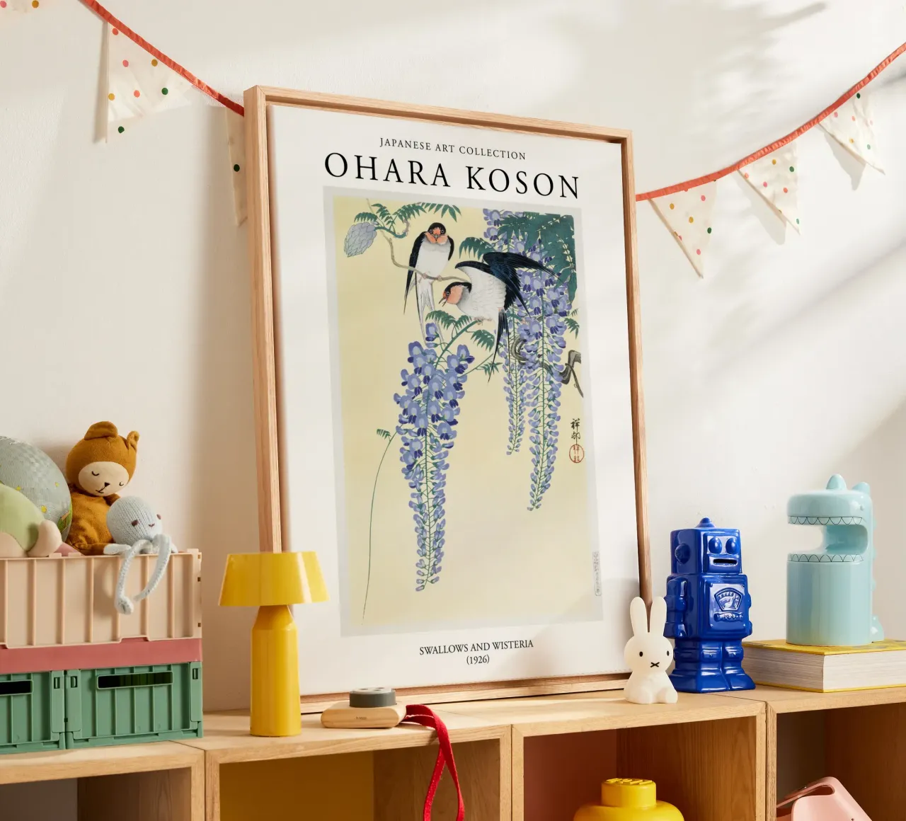 Ohara Koson, Japanse Vintage Zwaluwen en Wisteria canvas met Baklijst van Peaches Art Prints