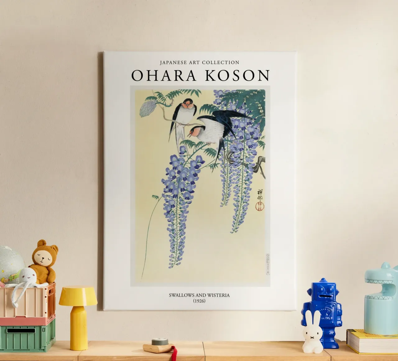 Ohara Koson, Japanse Vintage Zwaluwen en Wisteria canvas met Baklijst van Peaches Art Prints