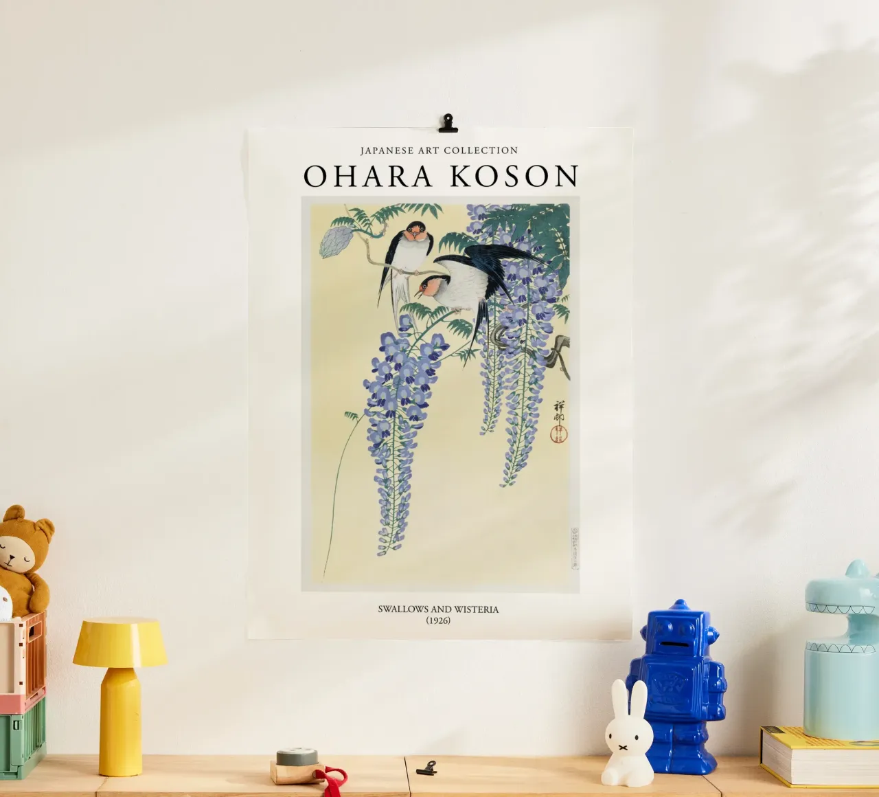 Ohara Koson, Japanse Vintage Zwaluwen en Wisteria poster van Peaches Art Prints