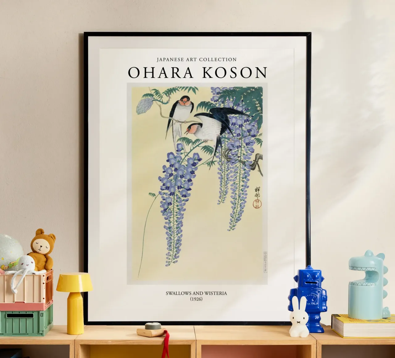 Ohara Koson, Japanse Vintage Zwaluwen en Wisteria poster van Peaches Art Prints