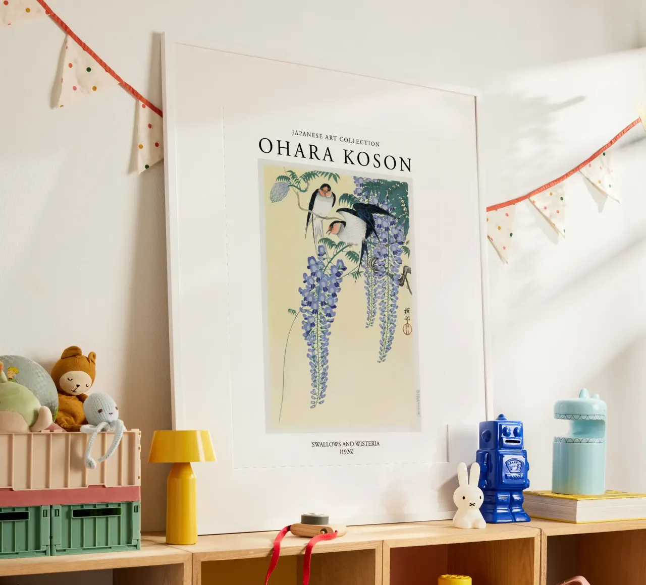 Ohara Koson, Japanse Vintage Zwaluwen en Wisteria poster van Peaches Art Prints
