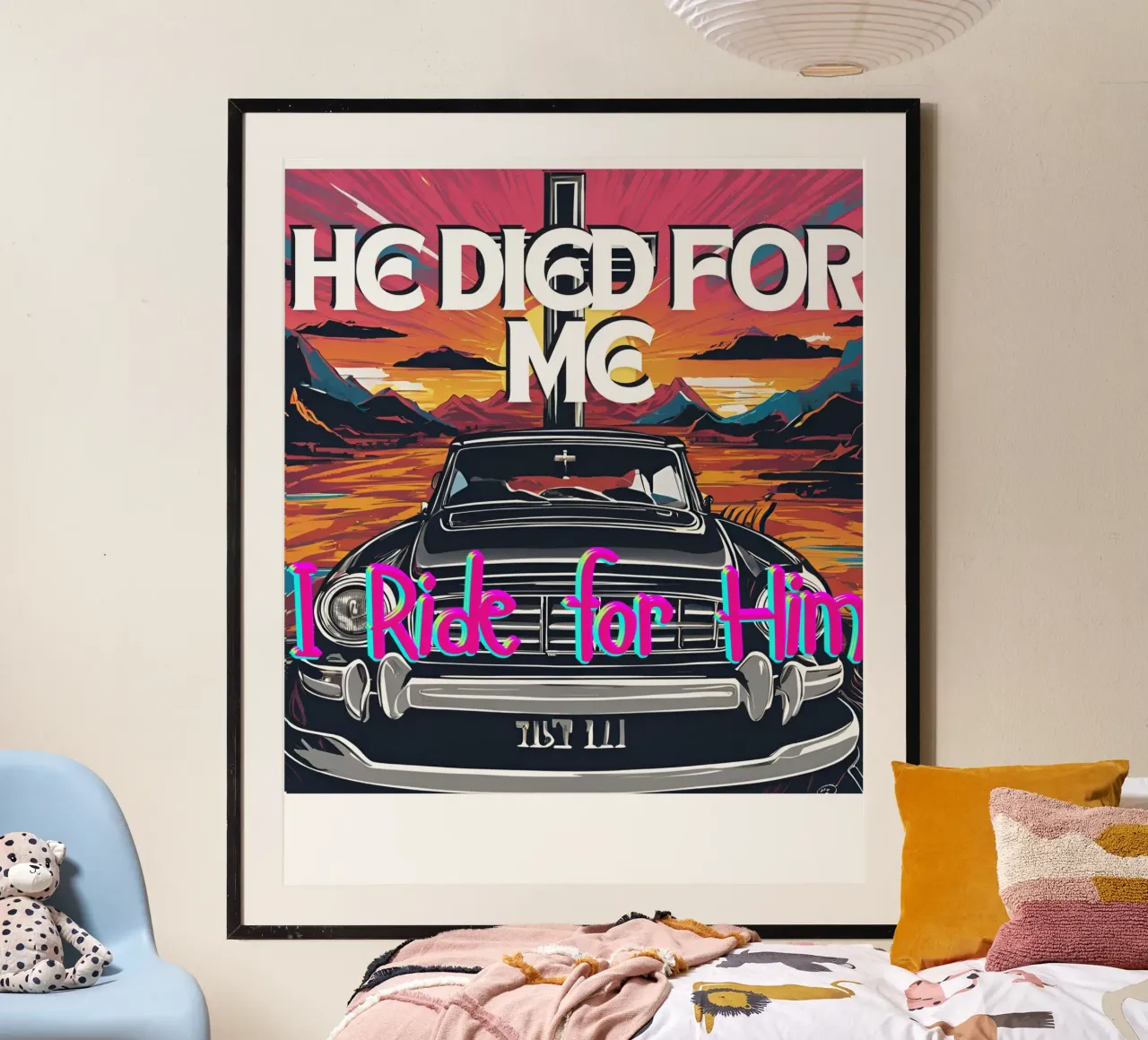 He died for me I ride for Him Tee, Christian apparel Unisex poster con telaio in legno da Lionandlamb