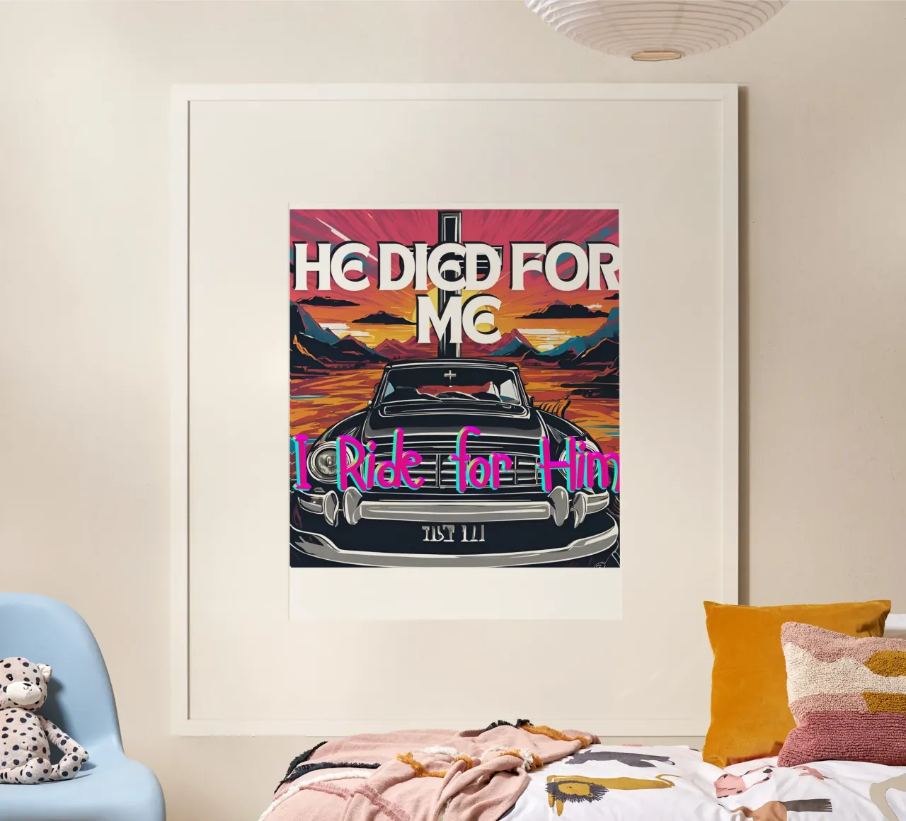 He died for me I ride for Him Tee, Christian apparel Unisex poster con telaio in legno da Lionandlamb