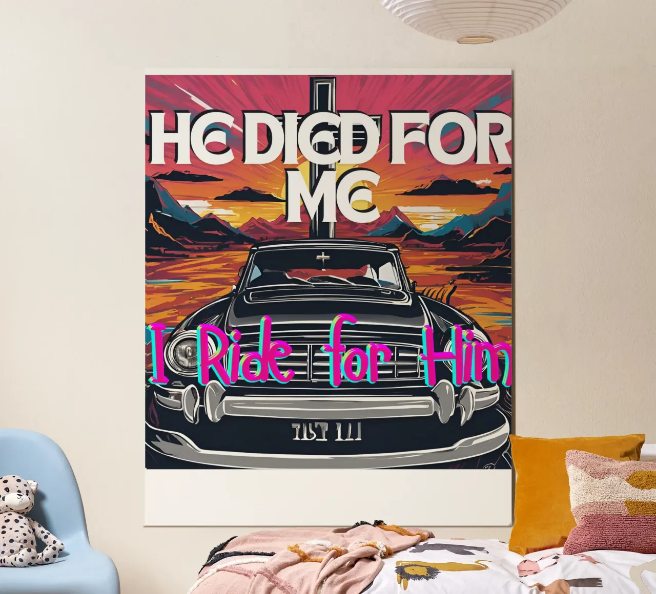 He died for me I ride for Him Tee, Christian apparel Unisex poster con telaio in legno da Lionandlamb