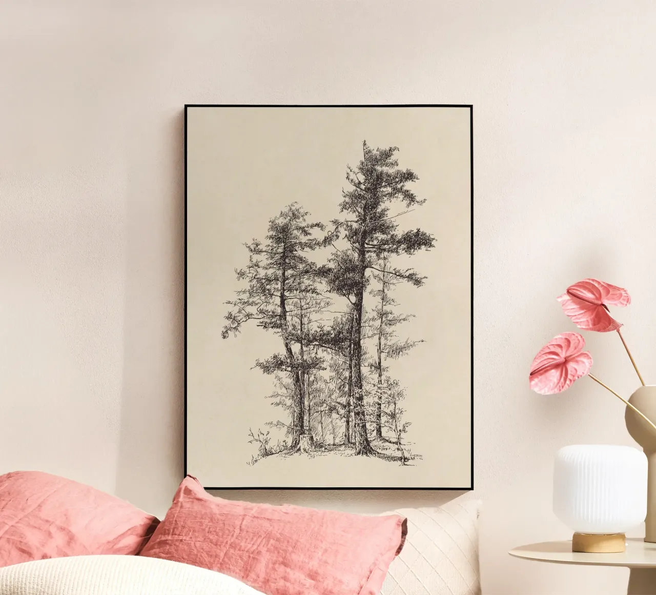 Schets van een langbladige dennenboom acryl van apoloprints