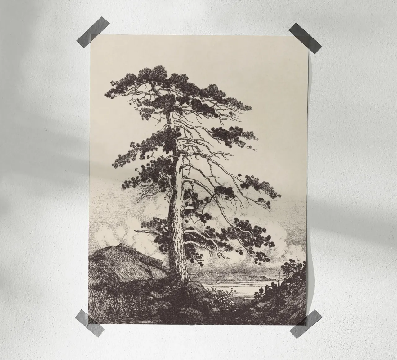 Black Pine Tree Landscape poster con telaio in alluminio da apoloprints