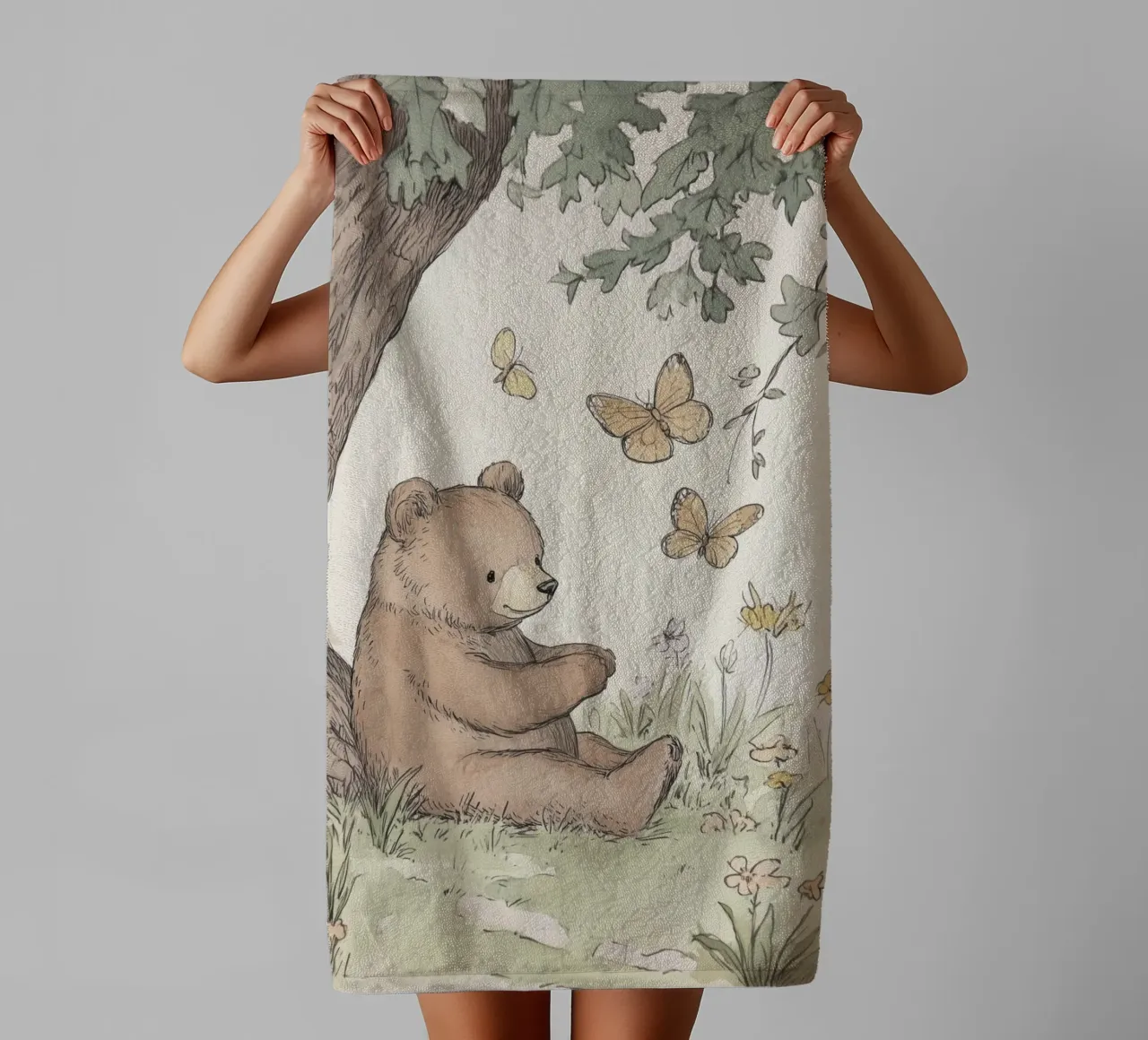 Bear Sitting Under Tree with Butterflies towel by Jungle Joy Art