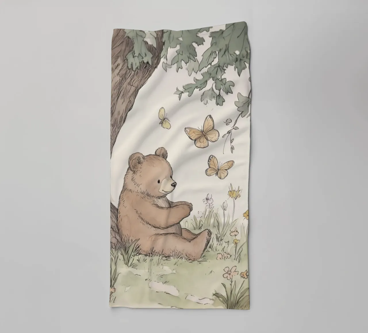 Bear Sitting Under Tree with Butterflies towel by Jungle Joy Art