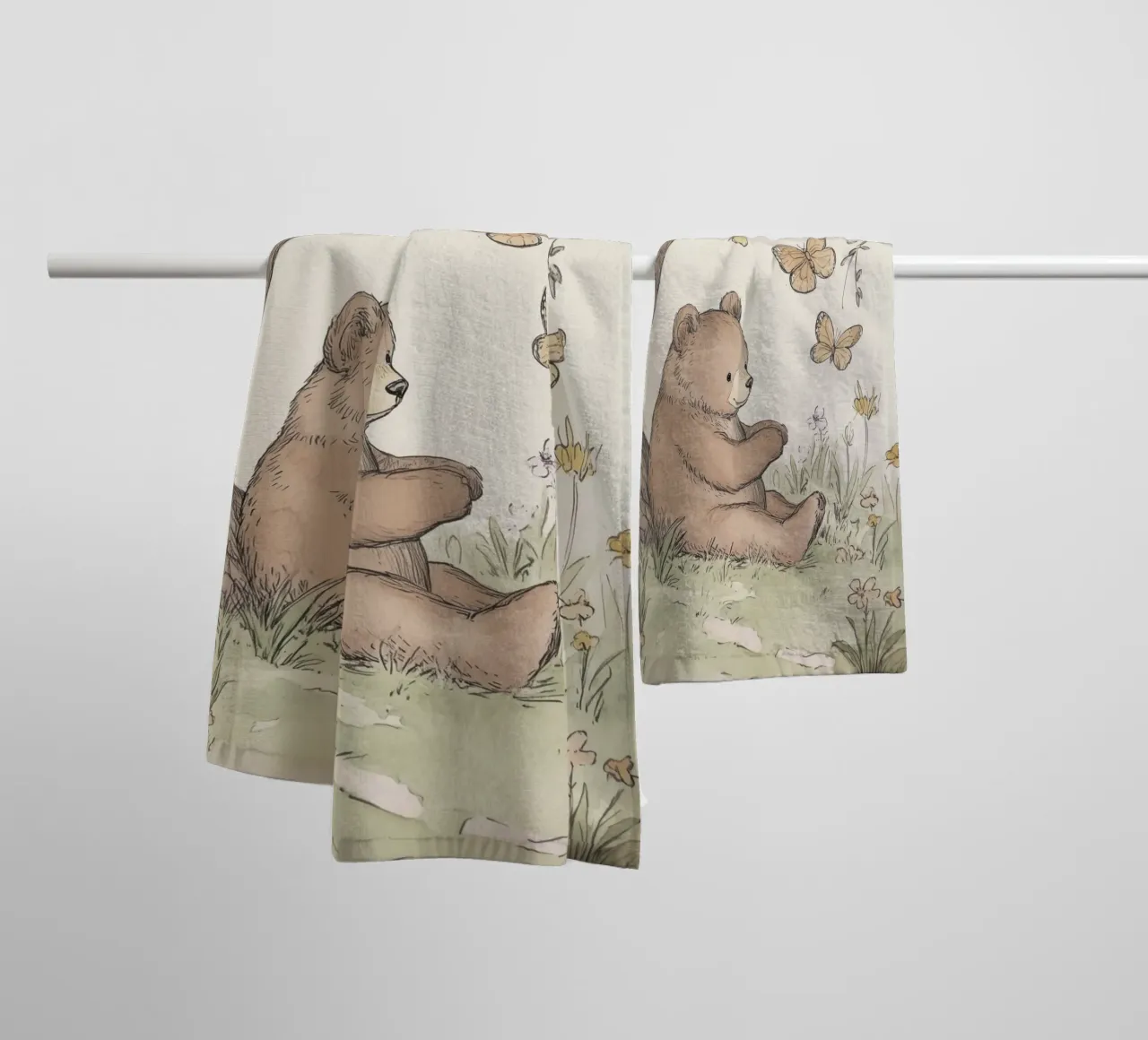 Bear Sitting Under Tree with Butterflies towel by Jungle Joy Art