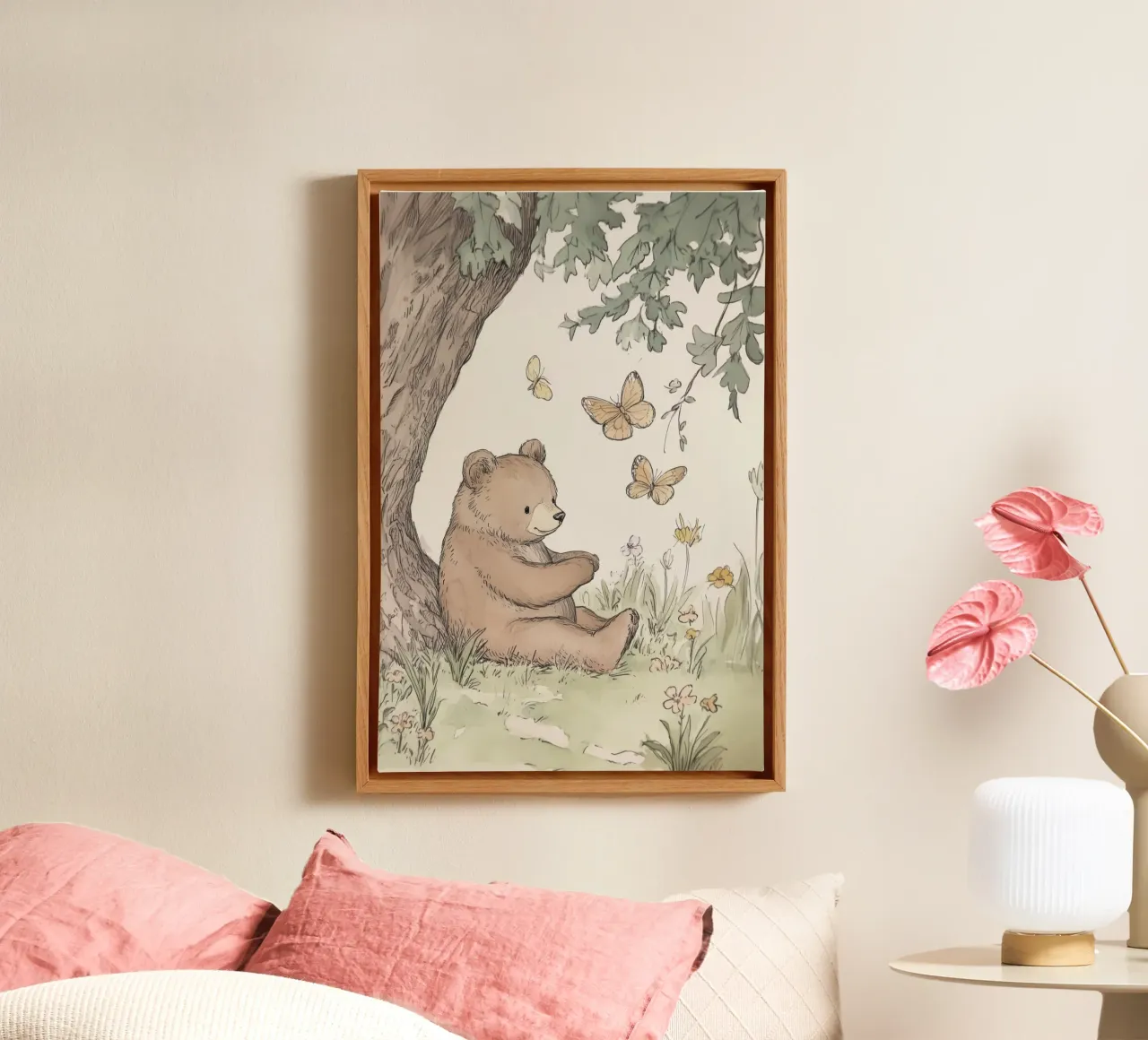 Bär sitzend unter Baum mit Schmetterlingen Leinwand mit Schattenfugenrahmen von Jungle Joy Art