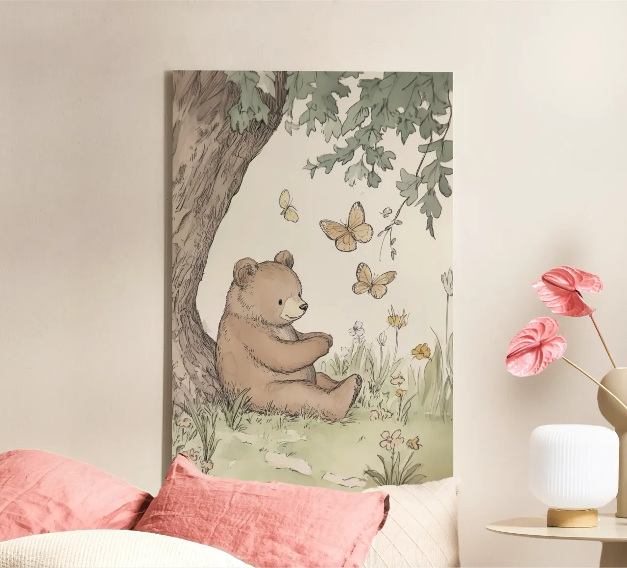Bär sitzend unter Baum mit Schmetterlingen Leinwand mit Schattenfugenrahmen von Jungle Joy Art