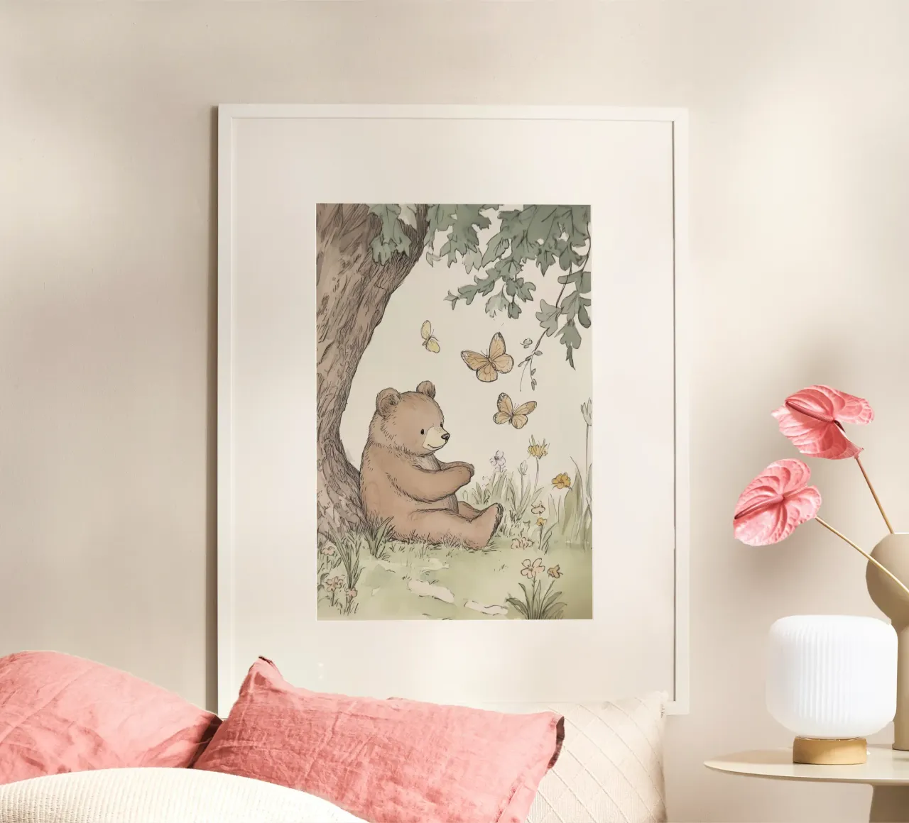 Orso seduto sotto l'albero con farfalle poster con telaio in alluminio da Jungle Joy Art