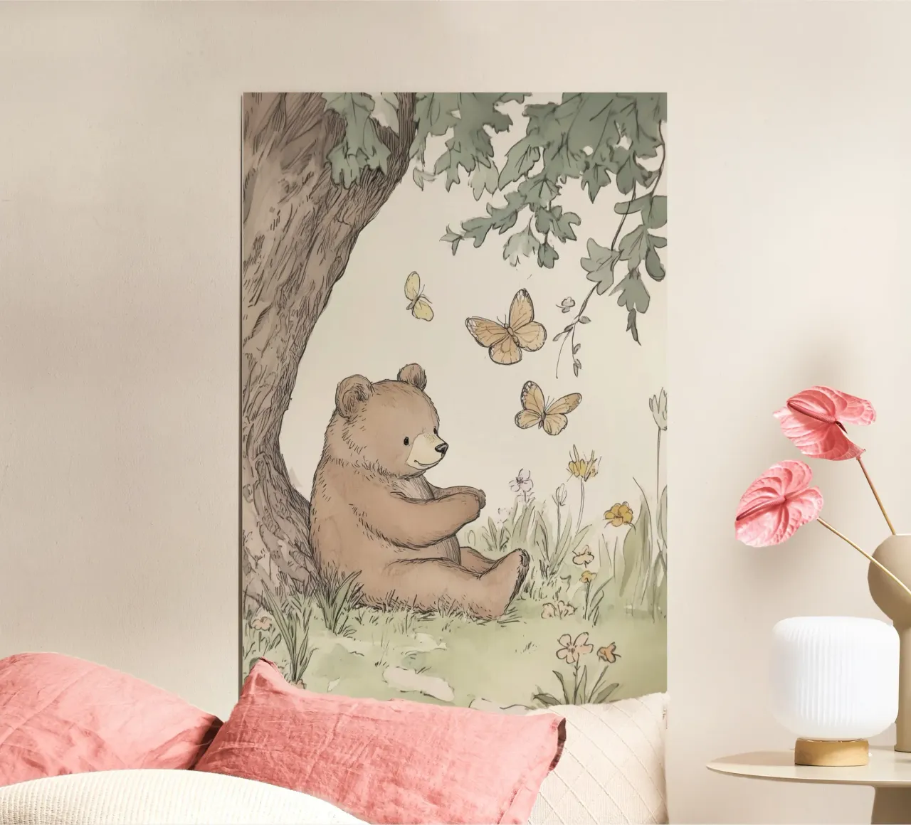 Orso seduto sotto l'albero con farfalle poster con telaio in alluminio da Jungle Joy Art