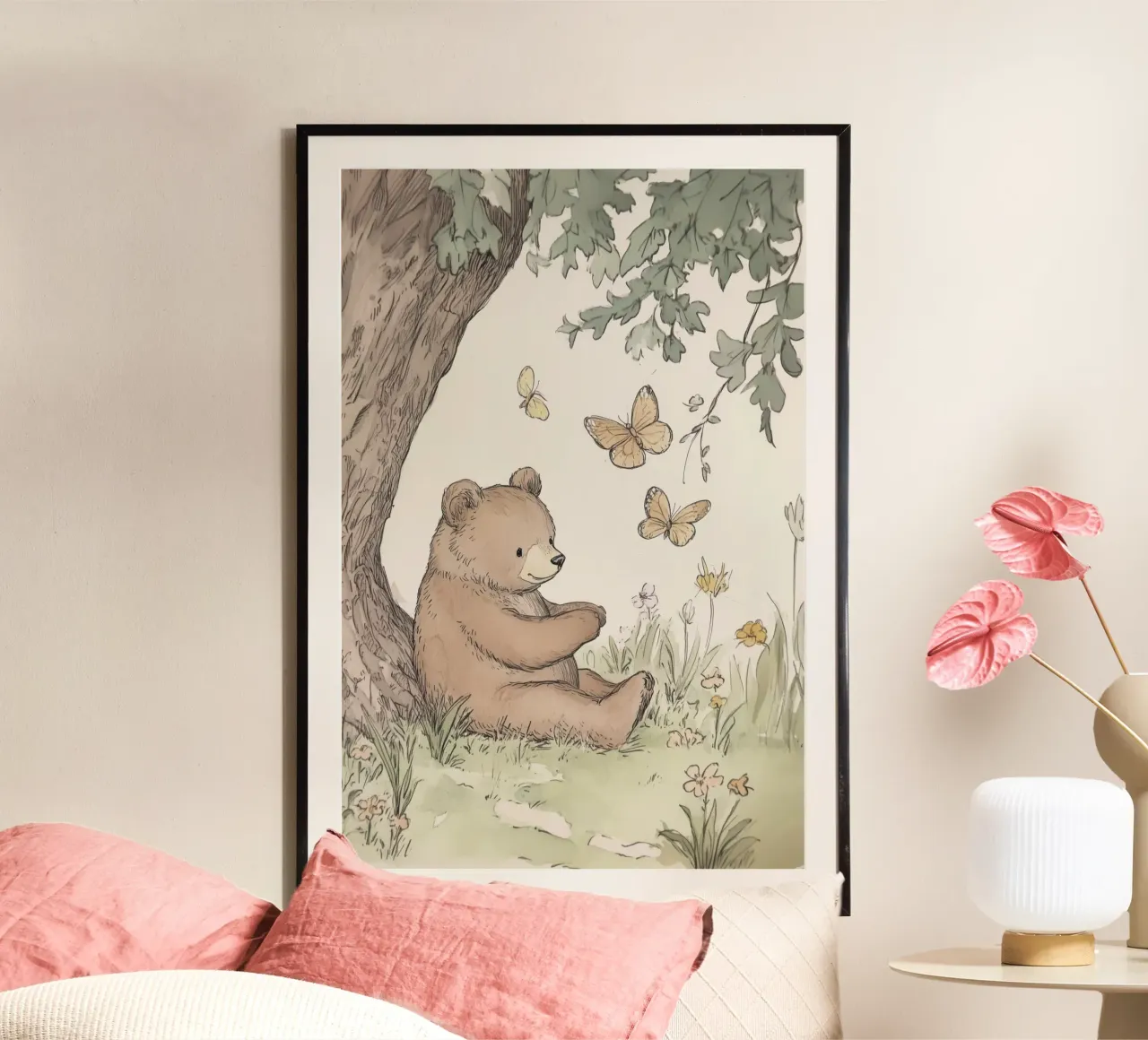 Orso seduto sotto l'albero con farfalle poster con telaio in alluminio da Jungle Joy Art
