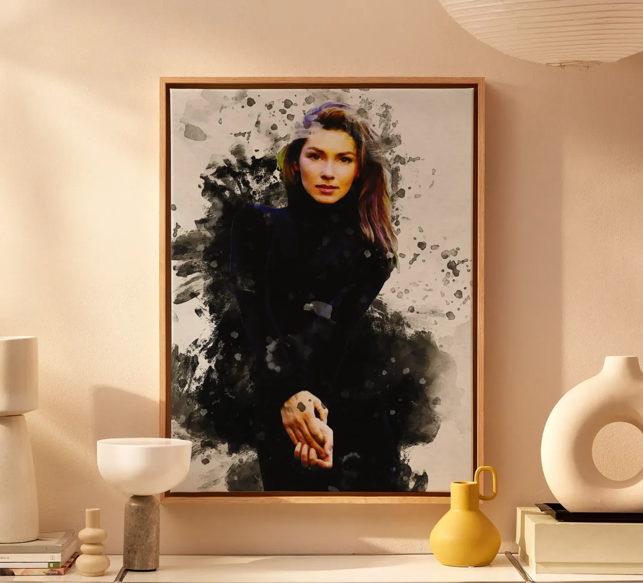 Macchia di ritratto Shania Twain tela con Cornice a cassetta da Gunawan Rb