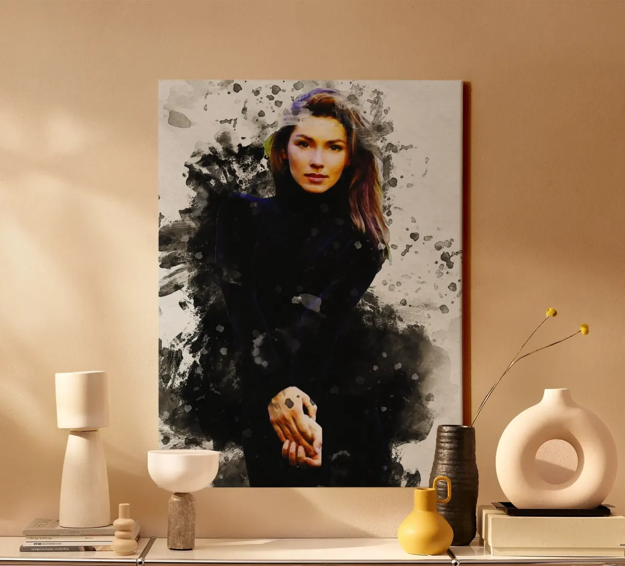 Macchia di ritratto Shania Twain tela con Cornice a cassetta da Gunawan Rb