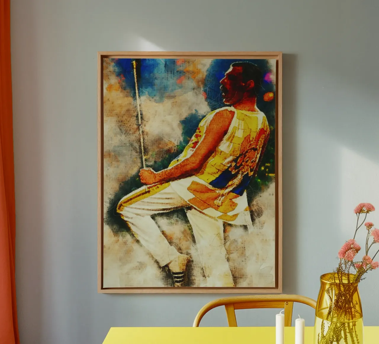 Smudge of Portrait Freddie Mercury en directo lienzo con Marco flotante de Gunawan Rb