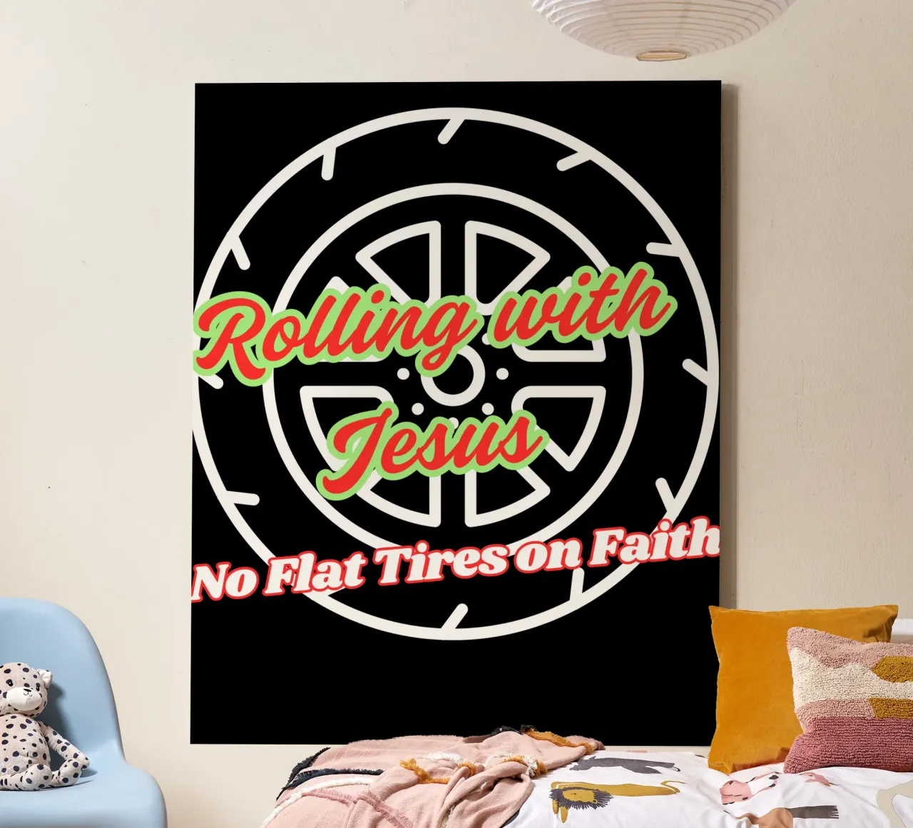 Maglietta Rolling with Jesus, abbigliamento cristiano Camicia di fede unisex tela con Cornice a cassetta da Lionandlamb