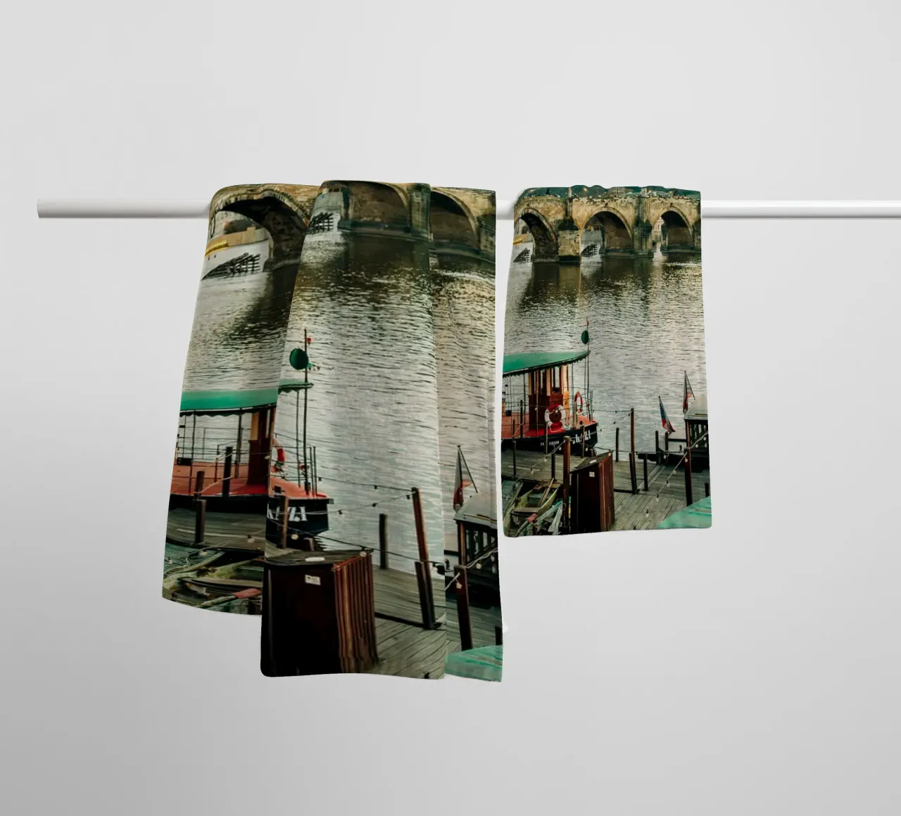 Prague, Charles Bridge - Sunset on the Vltava River towel by Bold and Retro